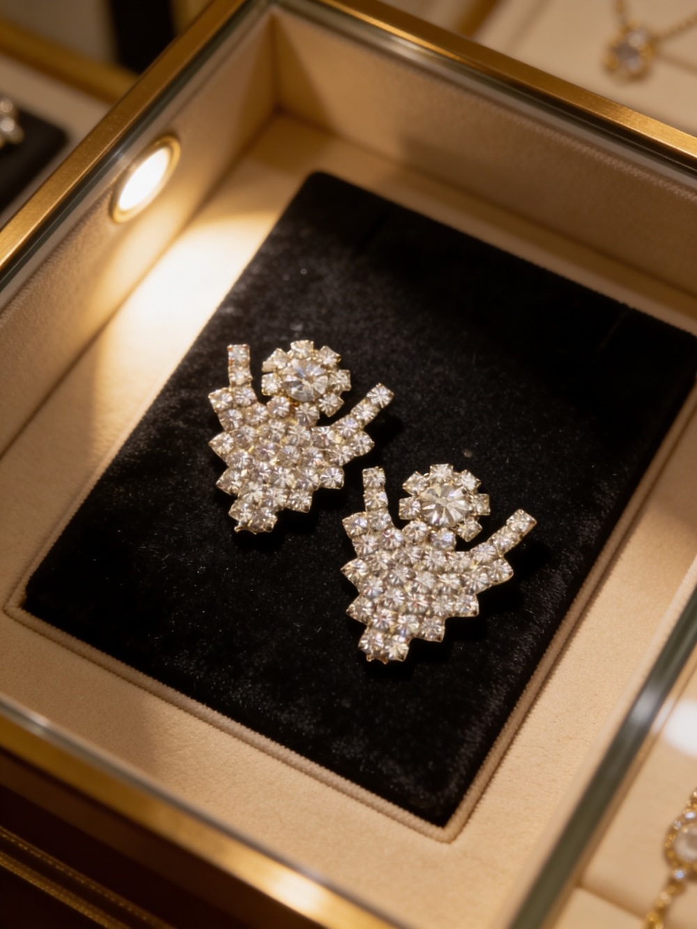 Antique Crystal Cluster Drop Earrings - Gold Tone